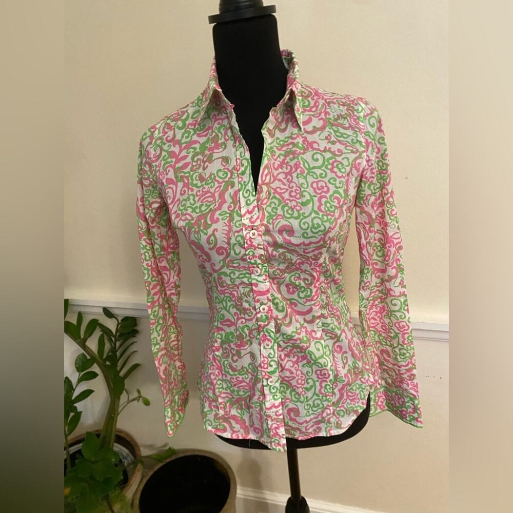 LILLY PULITZER peanut island button front long sleeve shirt white label size 2